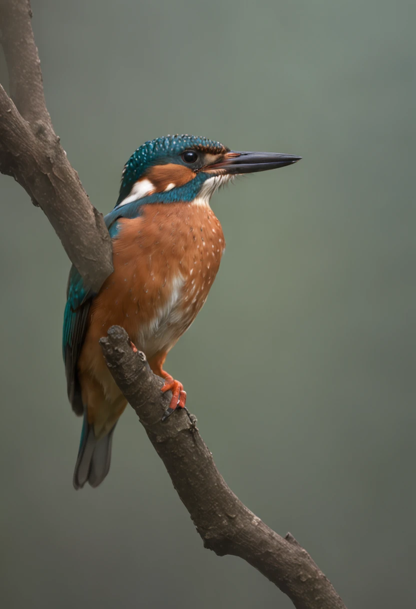 A kingfisher flutters gracefully on a finger, Strong morning light diffuses through the fog，Stand up slowly, Highlights its intricate feathers with dramatic sidelights、realisitic、realistic