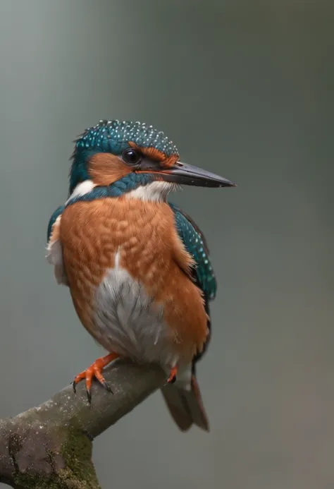 A kingfisher flutters gracefully on a finger, Strong morning light diffuses through the fog，Stand up slowly, Highlights its intricate feathers with dramatic sidelights、realisitic、realistic