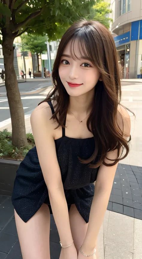 hight resolution, top-quality, Perfect dynamic composition, Beautiful detailed eyes, off shoulders、Radiant hair、Medium Hair, Natural Color Lip, college aged、Harajuku、A slight smil、Crouched figure、M-shaped legs