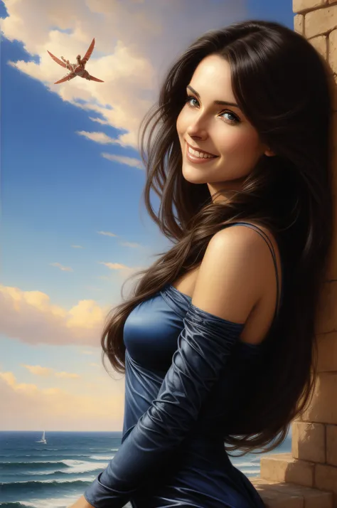 Art By Marc Simonetti, Painting of a woman flying through the sky, A beautiful silk dress, perfect face, long dark hair, large, striking eyes, smiling, Luis Royo Art.