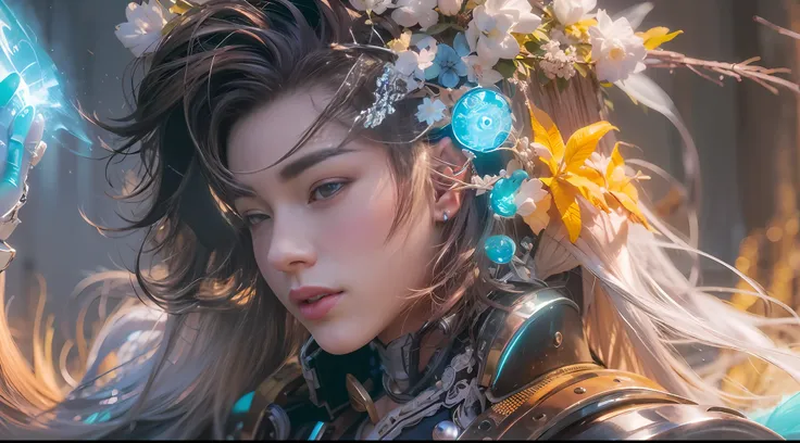 1boy, photo of very very handsome suave smiling young 25-year-old male Chinese prince, clothed in futuristic cybernetic armor, wearing a large futuristic crown, walking in an ethereal enchanted forest with neon glowing flowers and a rainbow in the sky, sci...