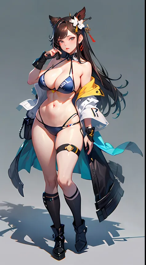 Game character, East Asian original art character design, 1girll, Solo,[:(Gradient background:1.5):40],full body, big breasts, checkered bikini ,realistic bikini, girls frontline, extremely high detail