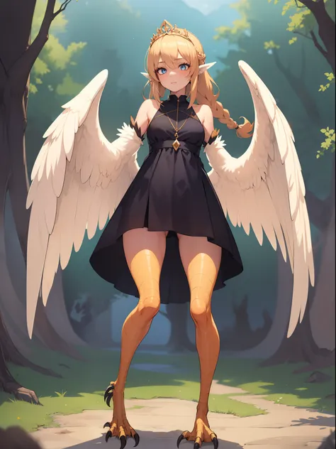 1girl,solo,harpy, standing,blond hair,braid, blue eyes, long hair,red feathers,wing arms,bird legs, short dress, jewelry,tiara,csatle