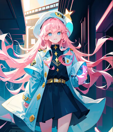 Long light pink slightly curly hair, bright light blue eyes, Star-like pupils,   laughingly, Girl, Trench coat, hat, shirt fashionable