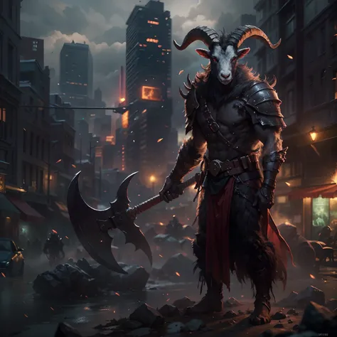 Goat-faced demon ，Wear military uniforms，Pick up the axe，red - eyed，unholy，Fierce，rampage ，Stand at the highest part of the city，Observe the city，Behind is the Demon Legion，Epic war fantasy digital art，tmasterpiece，high qulity，8K，UHD resolution，Detailed de...