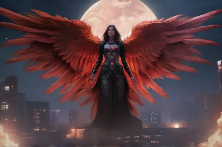 A cinematic hyperrealistic full body portrait of an evil fallen female Archangel of vengeance with massive fiery black and red wings, levitating under a starry night sky with a full moon. The frontal angle shows her intense gaze directly at the camera as s...