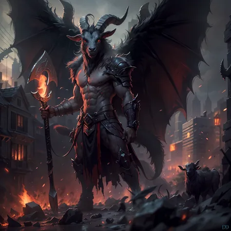 goat-faced demon ，wear military uniforms，pick up the axe，red - eyed，unholy，fierce，rampage ，stand at the highest part of the city...