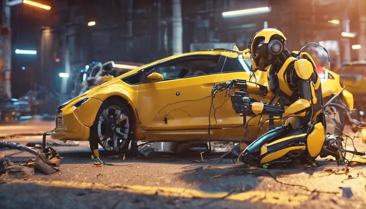 a robot fixing a broken yellow car