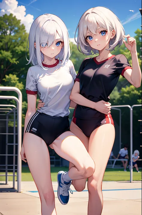 a girl,full bodyesbian，white hair,eblue eyes,,(()),medium hair,gym uniform,on the playground，（hair on one eye）,thin leg，face exp...