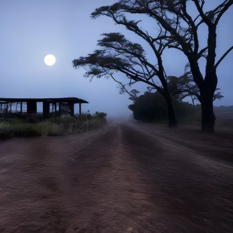 havia uma fazenda, with the house very large and full of mist, a full moon in the sky, dry, gloomy-looking trees, foto tirada a ...