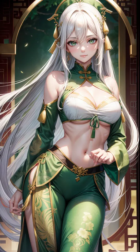 Adult woman, Long white hair, Green eyes, Green Chinese tight top, Chinese beautiful patterns, neckline on the chest, open breasts, baggy pants, Gold Elements, ssmile, Masterpiece, hiquality