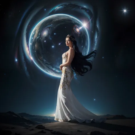 En medio del espacio, Una diosa navega por el universo en todo su esplendor. With its energy it illuminates its path, Its beauty makes everything around it even brighter. estrellas, Galaxies and all the beauty of the universe are all around you. She wears ...