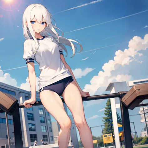 A girl,full bodyesbian，White hair,eBlue eyes,,(()),Medium hair,gym uniform,On the playground，（hair on one eye）,Thin leg，face expressionless，long leges，flatchest，face only