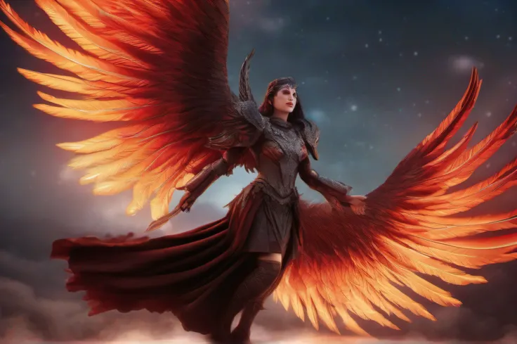 A cinematic hyperrealistic full body portrait of an evil fallen female Archangel of vengeance with massive fiery black and red wings, levitating under a starry night sky with a full moon. The frontal angle shows her intense gaze directly at the camera as s...