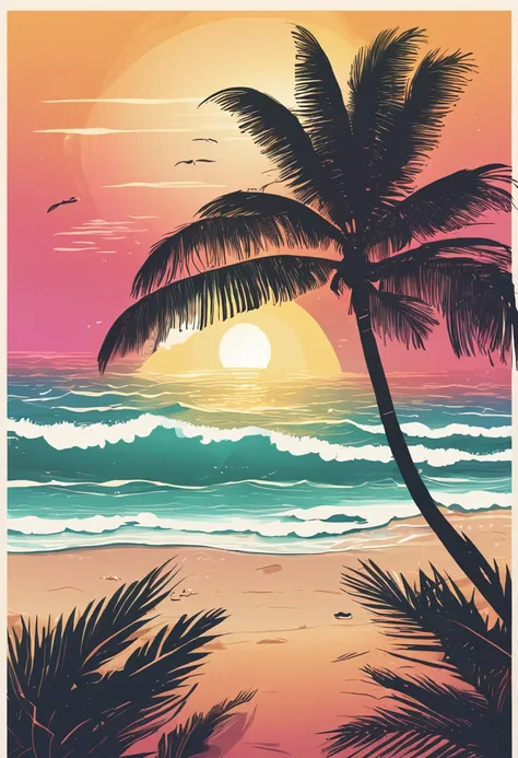 Pixar-style minimalist vector image of a beautiful island sunrise, an open beach with small waves crashing softly on the beach, open view of a calm emerald ocean, the sun just breaks the horizon with rays of rainbow colors softly filling the sky