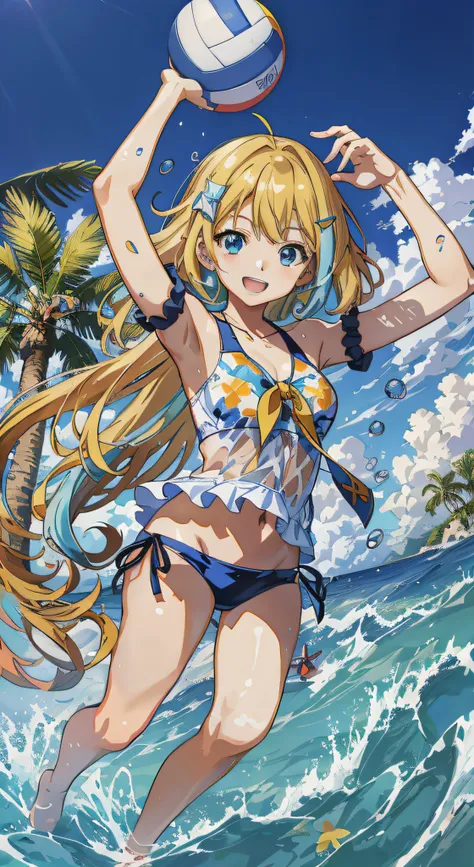 Anime girl playing volleyball with palm tree in the ocean in bikini, Splash art anime Loli, Official artwork, Official anime artwork, Loli, Detailed key anime art, wallpaper anime blue water, high detailed official artwork, high definition anime art, Also,...