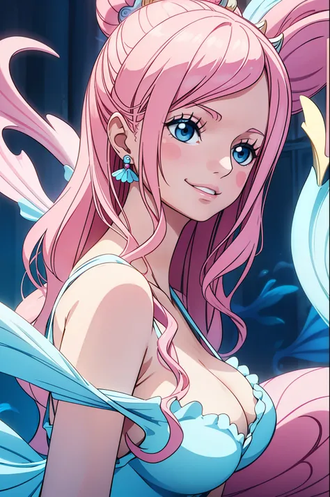 tmasterpiece，best qualtiy，mermaids，A pink-haired，ssmile，Shells on the breast，Blue fish tail，Close-up shot，Large breasts