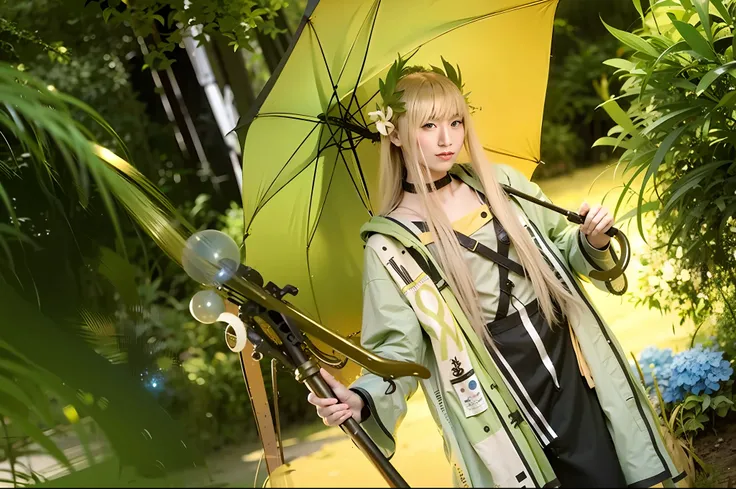 Blonde woman in green raincoat holding yellow umbrella, Anime cosplay, Anime girl cosplay, cosplay, rpgmaker, From Arknights, otto