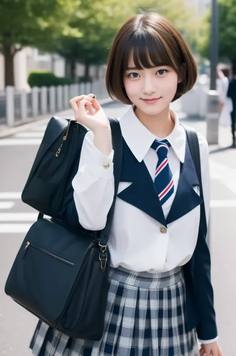 high-level image quality、In the street、Only 1 person、(Beautiful high school girl in uniform and short cut with good style)、bustup