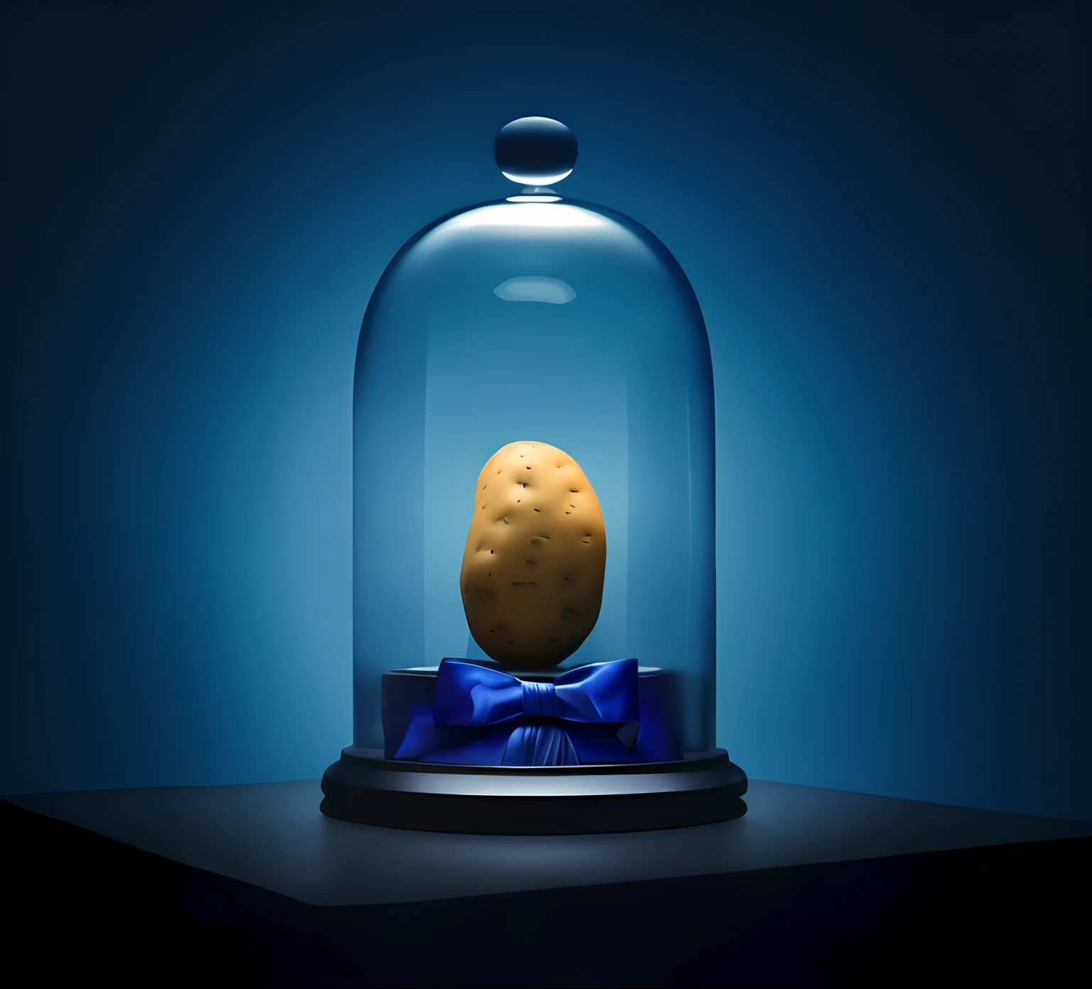 just a potato in a large glass dome, bow tie blue, on top of a table with a black tablecloth, auction environment, professional product photography, studio lighting, blue background, Hasselblad camera iso 100 lens 85mm