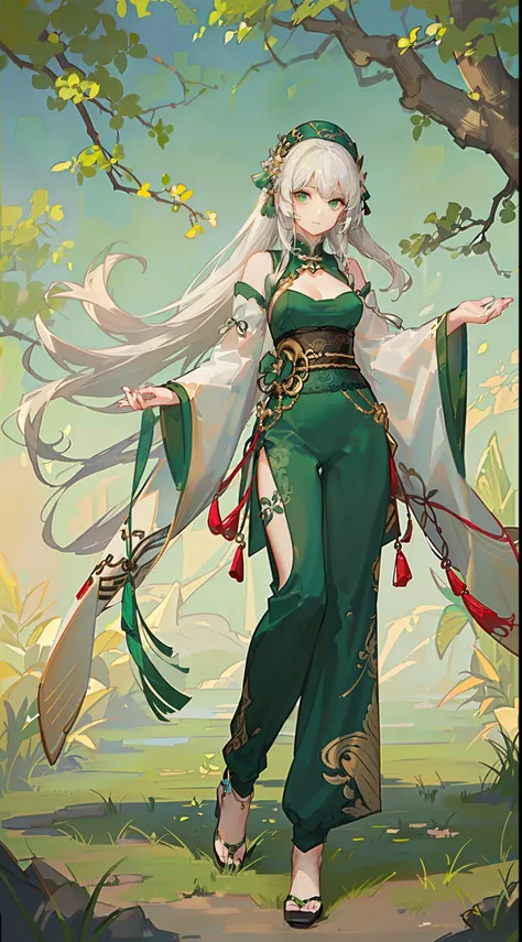 Adult woman, Long white hair, Green eyes, Green Chinese tight top, Chinese beautiful patterns, neckline on the chest, open breasts, baggy pants, Gold Elements, ssmile, Masterpiece, hiquality