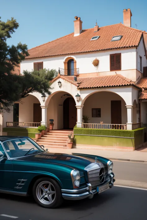 casal feliz, in the background with a Mercedes and a mansion with pool