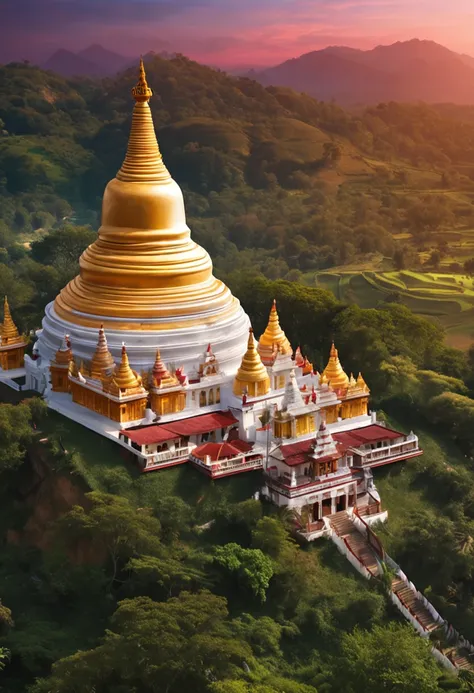 landscape of Myanmar, white pagoda and monastery on the hill, intricate image, 8k, uhd