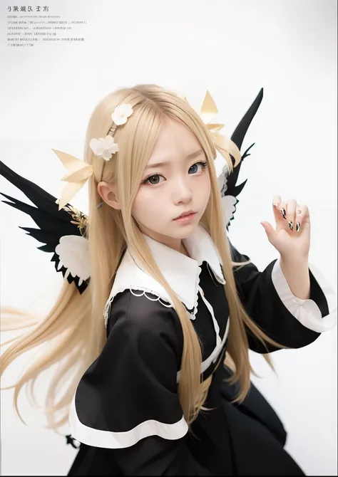 1girl,blonde long hair,black dress,White collar with blue ribbon,medium tits and Devil wings on back, Japanese girl