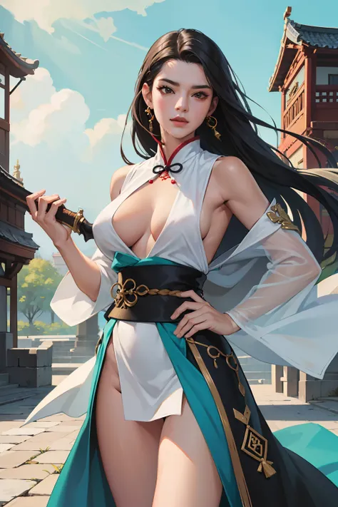 NSFW, obra-prima, melhor qualidade, ultra-detalhado, semi-realista, detailedfacialfeatures, 1 mulher madura, nome Shin Zilei,vestindo roupas antigas wuxia hanfu, cabelos brancos,longos,olhos negros, female,cor da roupa escura e sexy,voluptuosa,seios grande...