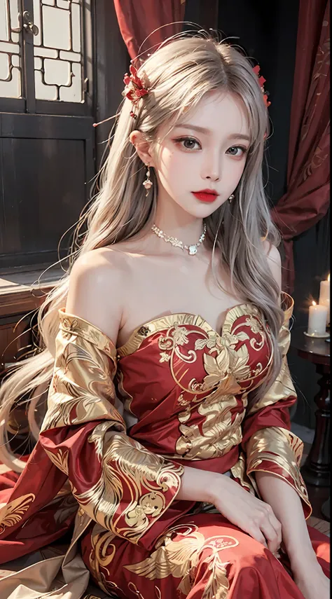 (Ultra-realistic 8k CG: 1.2), perfect artwork, delicate patterns, intricate details, (unparalleled masterpiece, best quality: 1.2), (extremely complex: 1.2), a woman in a red and gold dress, phoenix crown, hair stick, (sitting on a red bed), makeup, blush,...