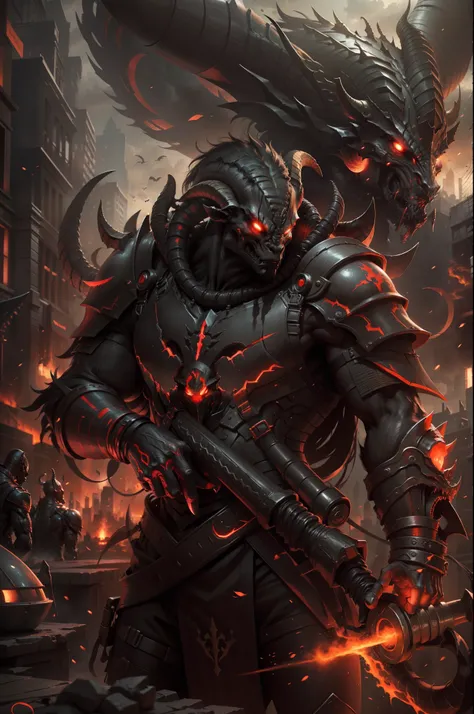 Alien armies invade cities，Goat-faced demon ，Wear military uniforms，Pick up the axe，red - eyed，unholy，Fierce，rampage ，Powerful，Stand at the highest part of the city，Observe the city，Below is the army of demons，Epic war fantasy digital art，Epic Technology, ...