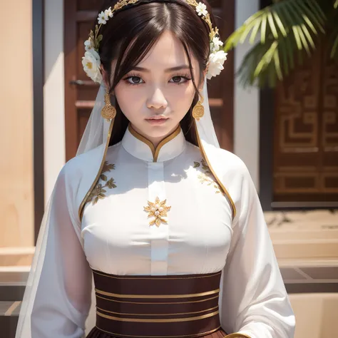 （（Top image quality:1.3））​masterpiece、vietnamese woman,独奏、Detailed facial parts、dark brown skin、Traditional Vietnamese white costume