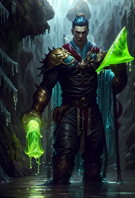 HD ROLEPLAYING GAME CHARACTER PORTRAIT, Legendary Medieval Fantasy Character, "The Warlord of slime", He has slime for hair, he is standing on a frozen lake of slime wielding a slime cannon, he is wearing a legendary outfit, , digital painting,  digital il...