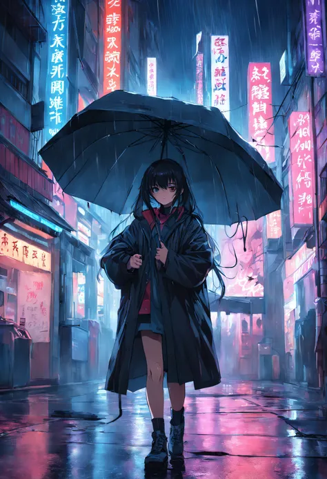 the night，orgy，holding a umbrella，byself，城市，cyber punk perssonage，smog，coat large，Earphone，the street，exteriors，neonlight，smog