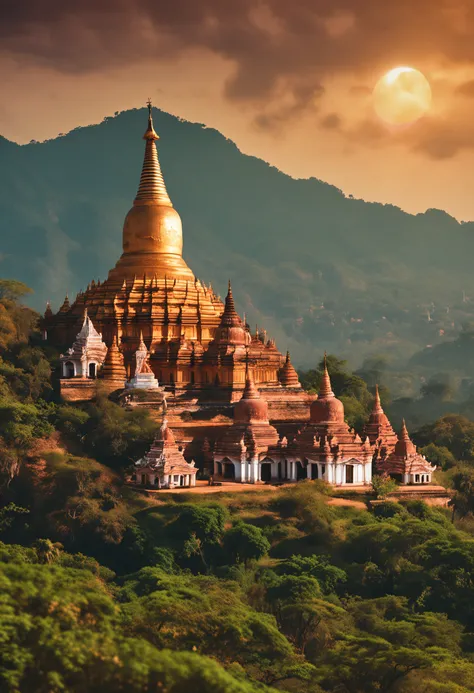 landscape of Myanmar, white pagoda and monastery on the hill, intricate image, 8k, uhd