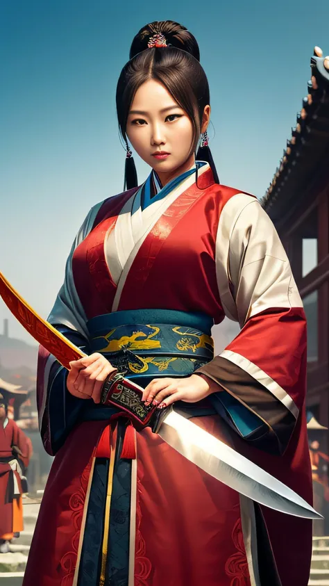 Chinese big breasts，tang dynasty，samurais，female pervert，full bodyesbian，Hold a Tang knife in your hand，The background is the ancient Changan City