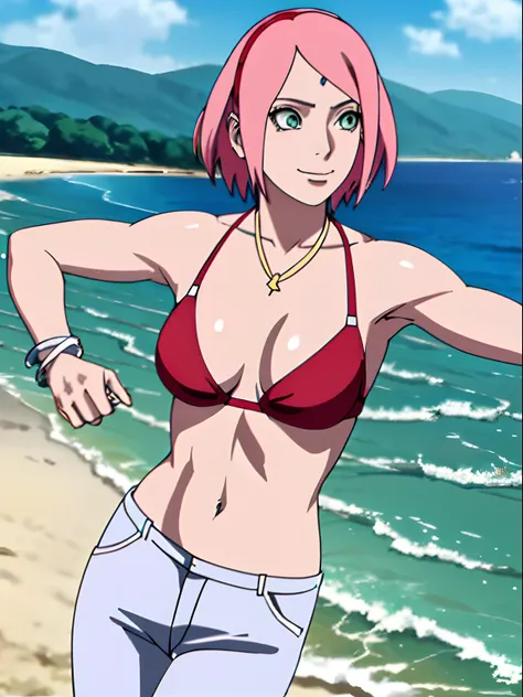 masterpiece, 4k, ultra hires, epic effects, portrait, official art, anime style, high brightness, best quality, 1girl, flexing arm muscles, haruno sakura, cowboy shot, professional artwork, detailed beach background, intricate details, colorful, digital bl...