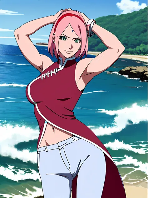 masterpiece, 4k, ultra hires, epic effects, portrait, official art, anime style, high brightness, best quality, 1girl, flexing arm muscles, haruno sakura, cowboy shot, professional artwork, detailed beach background, intricate details, colorful, digital bl...