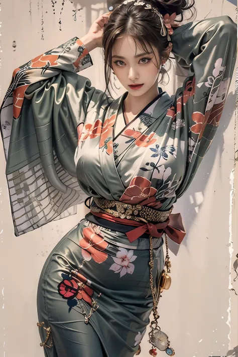 photorealistic, high resolution, 1womanl, solo, hips up high, look at viewr, (detailed face), kimono, the tattoo, jewelry