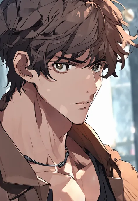 (masterpiece), best quality, expressive eyes, perfect face, male, brown hair, brown eyes, short hair, anime, up close, no background, black necklace, black bangle, piercing