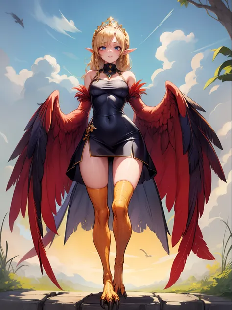 1girl,solo,harpy, standing,blond hair,braid, blue eyes, long hair,(red feathers),wing arms,bird legs, short dress, jewelry,tiara...