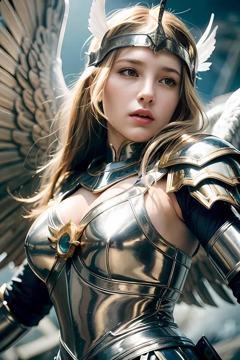 "Hyper realistic, lifelike portrayal of a female warrior angel, exquisite attention to detail, (Joan of Arc:1.25), celestial being, majestic wings, divine armor, intricate engravings, (portrait lens), (subtle glow), (heroic stance), powerful presence, dete...