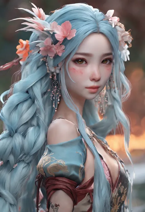 Masterpiece, Best Quality, Official Art, 8k Wallpaper, Very Detailed, Illustration, 1 Girl, Sky Blue Hair, Long Hair, Detailed Eyes, Forrest Gump, Bare Shoulders, Hanfu, Lake, Pure, Soft Smile, bamboo, tea --auto