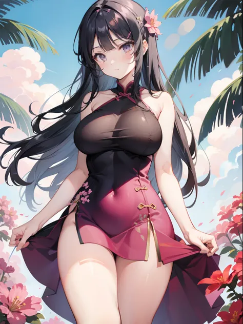 ((Naked)) , visible crotch, sunlight, black long hair, purple eyes, chubby curvy body, medium-large breast ,wide legs, visible crotch,(( open legs)), hands outside of frame ,beach background, pink sky, Chinese Cheongsam dress, forest background, flowers, f...