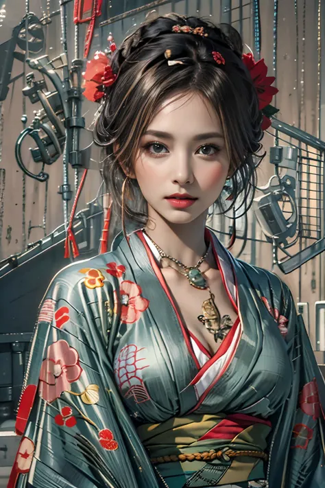 Photorealistic, High resolution, 1womanl, Solo, hips up high, look at viewr, (Detailed face), Kimono, The tattoo, Jewelry