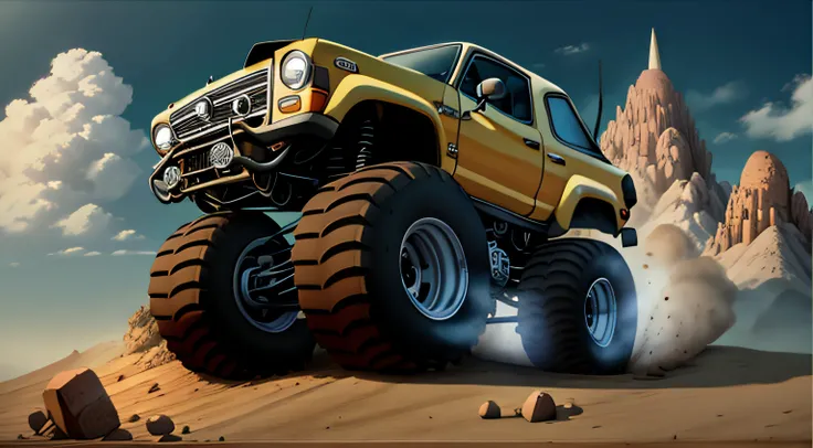 Monster truck rallye car on a rocket mountain with eyes and ears