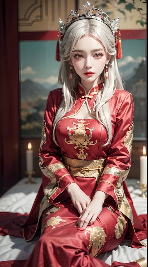 (Ultra-realistic 8k CG: 1.2), perfect artwork, delicate patterns, intricate details, (unparalleled masterpiece, best quality: 1.2), (extremely complex: 1.2), a woman in a red and gold dress, phoenix crown, hair stick, (sitting on a red bed), makeup, blush,...