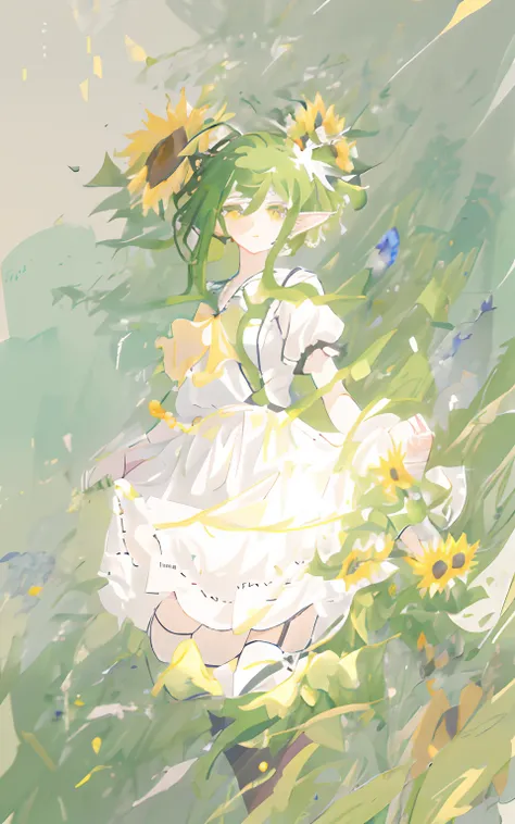 There is a genteel girl with sunflowers in her hair, girl in a dress, Soft anime illustration, Elf girl in white dress, touhou character, Fresh character, full body adoptable, Girly style, Full body portrait of short skirt!, Anime Stylization, Warm anime h...