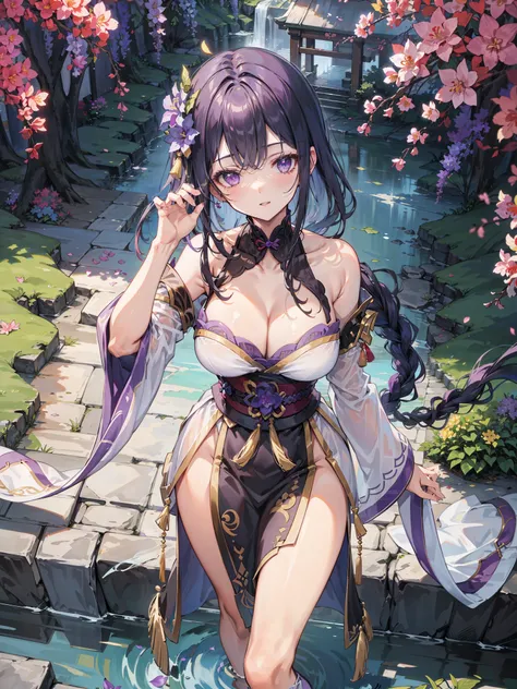 The perspective is from top to bottom,femele,Hand refinement,Black waist-length hair,Purple eyes full of love,Golden pupils,Pursed his lips,A shallow smile,The purple fringed shawl is decorated with a moire pattern of solid gold threads,White silk long-sle...