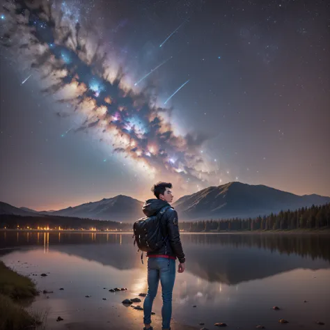 ((Best Quality, 8K, Masterpiece: 1.3)), landscape, nightshoot, star trail, slow speed, standing young man with black hair, black jeans, look at the stars